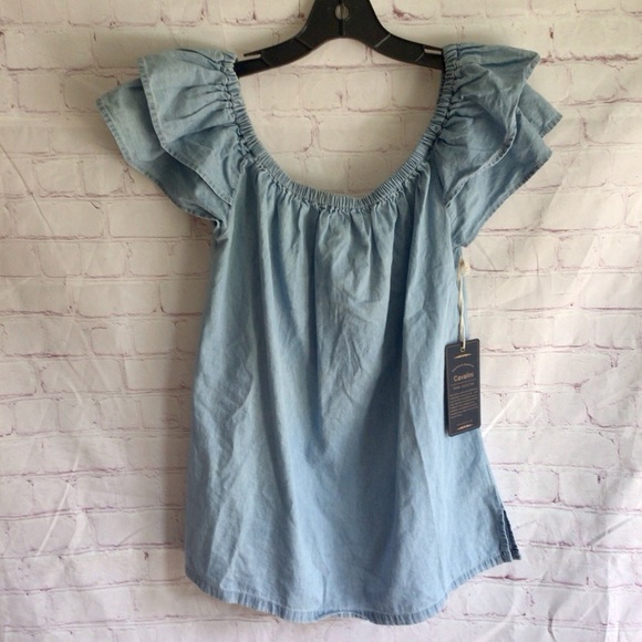 Cavalini Denim Collection Blue Ruffled Sleeve Blouse - Size Large - Picture 5 of 10